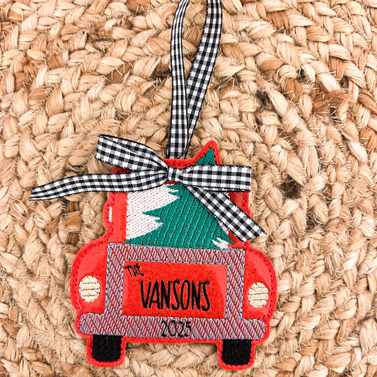 Holiday Truck Ornament - red sparkle